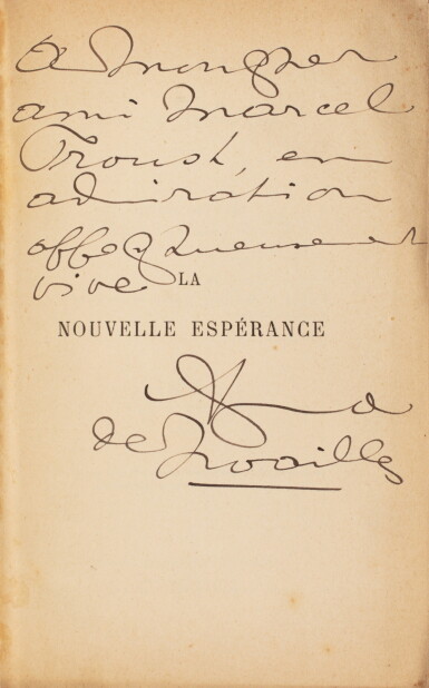 View full screen - View 1 of Lot 150. La Nouvelle espérance. 1903. Demi-chagrin vert aux initiales MP. Envoi et lettre à Proust.