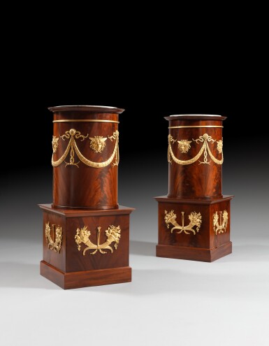 View full screen - View 1 of Lot 81. A pair of Empire gilt-bronze mounted mahogan pedestals, circa 1810.