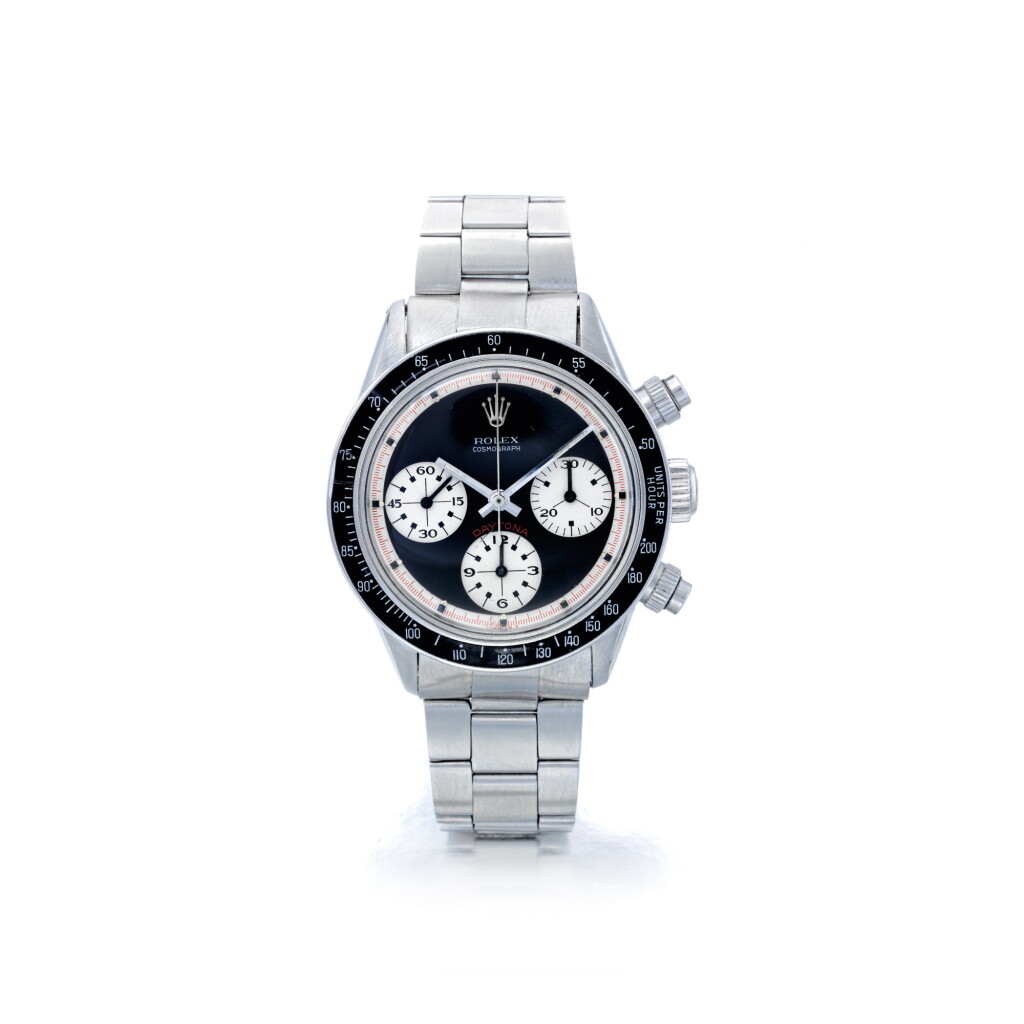 View full screen - View 1 of Lot 884. ROLEX | REF 6240 'PAUL NEWMAN' DAYTONA, A STAINLESS STEEL CHRONOGRAPH WRISTWATCH WITH BRACELET, CIRCA 1967 | 勞力士 | 6240型號「'PAUL NEWMAN' DAYTONA」精鋼計時鍊帶腕錶,年份約1967.