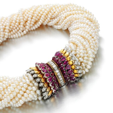 View full screen - View 1 of Lot 90. CULTURED PEARL, RUBY AND DIAMOND NECKLACE.