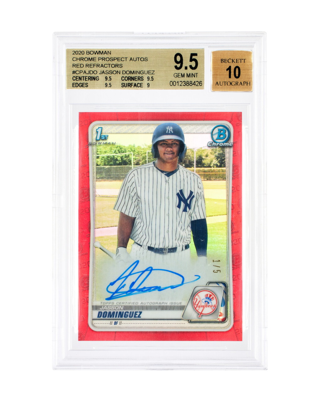 View full screen - View 1 of Lot 18. 2020 Bowman Chrome 1st Bowman Prospect Autograph Red Refractor #CPA-JDO Jasson Dominguez 1/5 - BGS 9.5/Autograph 10 | On-Card Autograph.