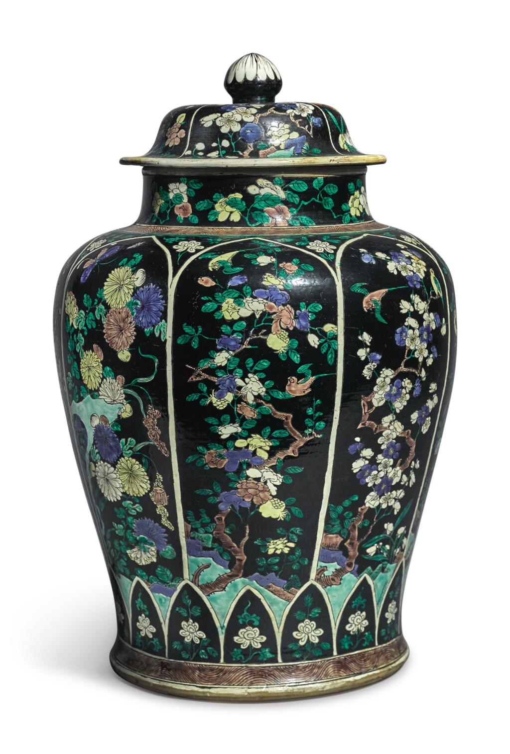 View full screen - View 1 of Lot 1035. A LARGE FAMILLE-NOIRE 'BIRD AND FLOWER' BALUSTER JAR AND COVER, THE PORCELAIN 18TH CENTURY, THE ENAMELS LATER-ADDED.