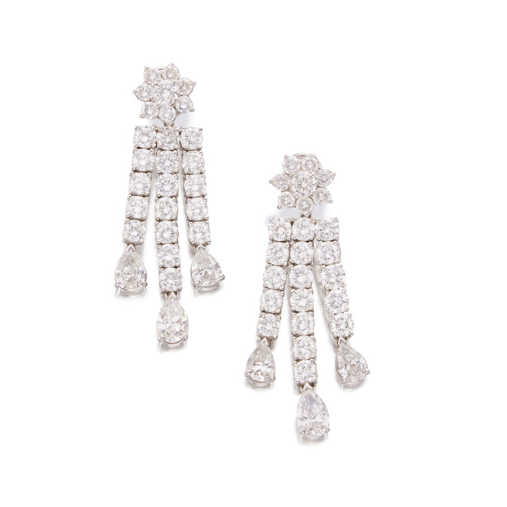 View full screen - View 1 of Lot 40. Pair of Diamond Pendant-Earclips.