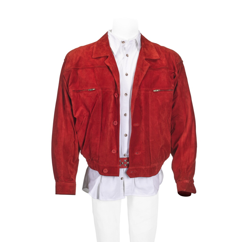 View full screen - View 1 of Lot 266. Freddie Mercury's scarlet suede blouson jacket, belt and shirt, Late 1980s / 1990.