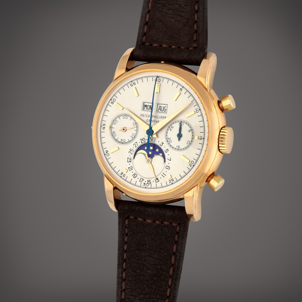 View full screen - View 1 of Lot 103. Reference 2499 '3rd Series' | A yellow gold perpetual calendar chronograph wristwatch with moon phases, Made in 1977.