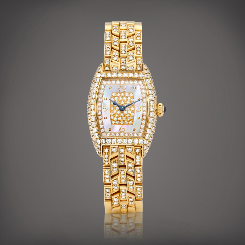 View full screen - View 1 of Lot 8915. Reference 2500 QZ | A pink gold and diamond-set wristwatch with bracelet and mother-of-pearl dial, Circa 1998 | 型號2500 QZ | 粉紅金鑲鑽石鏈帶腕錶,備珠母貝錶盤,約1998年製.