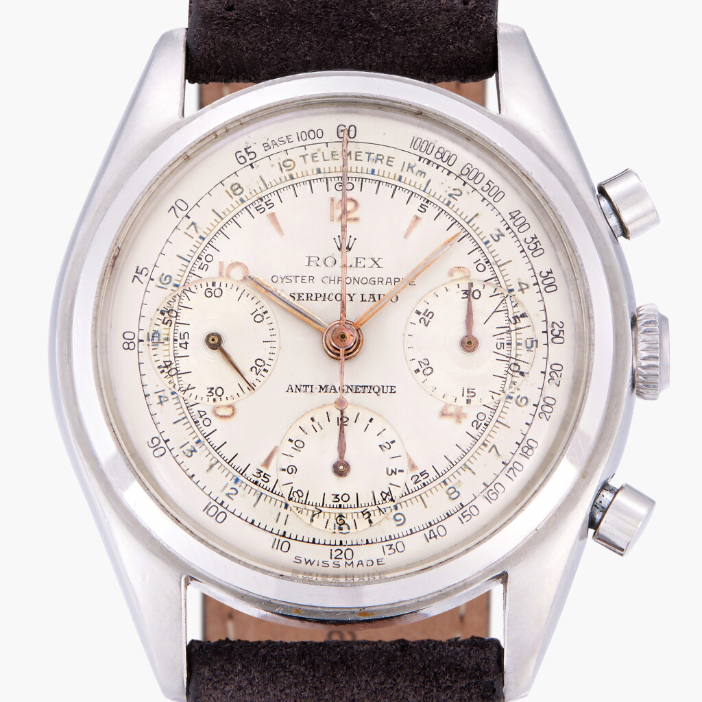 View full screen - View 1 of Lot 85. Retailed by Serpico y Laino: Reference 4537 | A stainless steel chronograph wristwatch | Circa 1946.