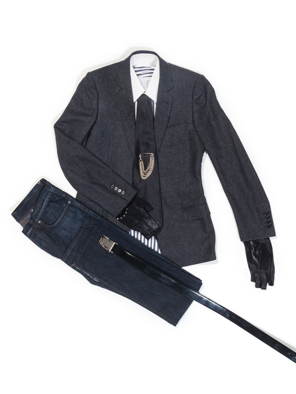 View full screen - View 1 of Lot 44. Karl Lagerfeld’s Total Look 3 “Café de Flore”: Dior, Wool Grey Blazer and Jeans; Chanel, Black Silk Tie; Causse, Gloves; Hilditch & Key, KL Monogram Shirt & Chrome Hearts, Accessories.
