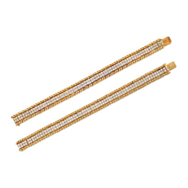 View full screen - View 1 of Lot 248. Two Gold and Diamond 'Ribbon' Bracelets.