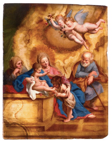 View full screen - View 1 of Lot 310. Holy Family with the young John the Baptist, Saint Elizabeth and two angels .