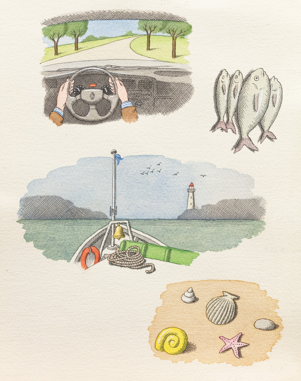 View full screen - View 1 of Lot 263. Quatre dessins sur une même feuille : un homme conduisant une voiture dans la campagne, quatre poissons, la proue d’un bateau et des coquillages.