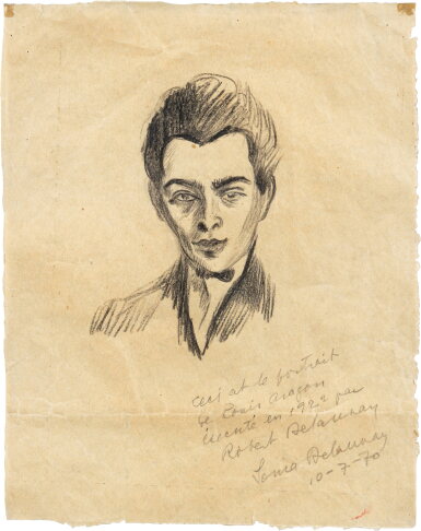 View full screen - View 1 of Lot 48. Portrait de Louis Aragon. 1922. Pierre noire sur papier calque. Étude du portrait du poète pour Télémaque. Envoi autographe signé de Sonia Delaunay..