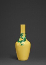 A yellow-ground green-enamelled 'chilong' bottle vase, Kangxi mark, possibly later | 清康熙或較晚 黃地綠龍紋長頸瓶 《大清康熙年製》款