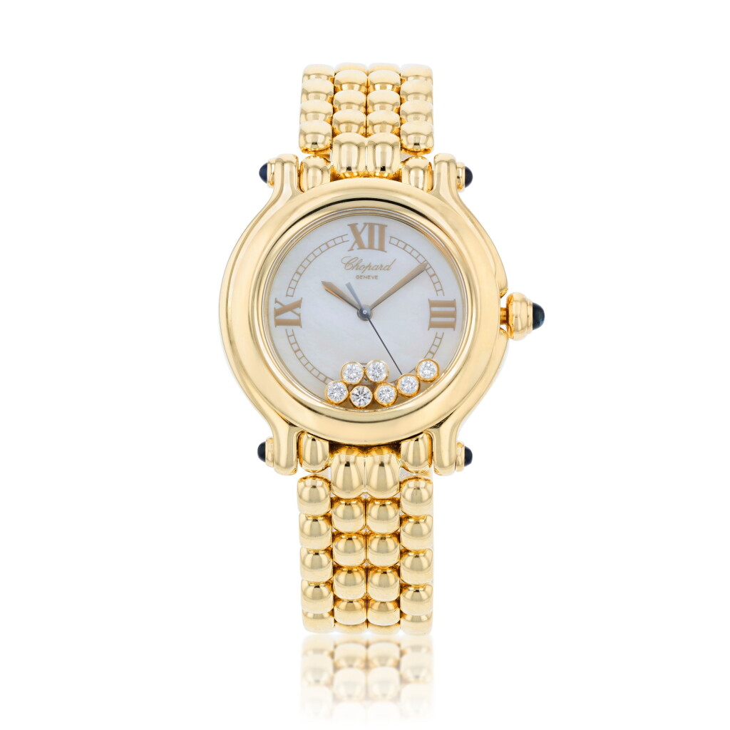 View full screen - View 1 of Lot 507. Chopard | Montre de dame or et diamants, "Happy diamonds" | Lady's gold and diamond bracelet watch, 'Happy Diamonds'.