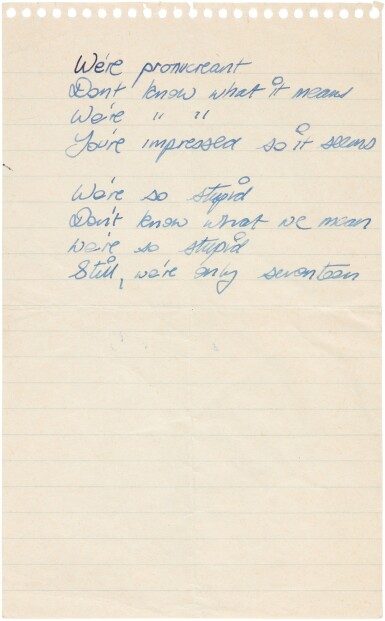 View full screen - View 1 of Lot 19. Sid Vicious | Pronucreant, handwritten song lyrics.