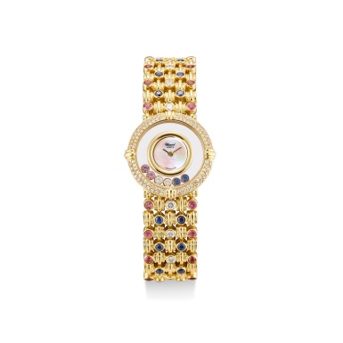View full screen - View 1 of Lot 8209. CHOPARD | HAPPY DIAMONDS, REFERENCE 20/5546 A YELLOW GOLD DIAMOND, SAPPHIRE AND PINK SAPPHIRE-SET BRACELET WATCH WITH MOTHER-OF-PEARL DIAL, CIRCA 2008.