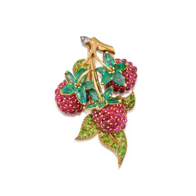 View full screen - View 1 of Lot 17. Ruby, Emerald, Demantoid Garnet and Diamond Clip-Brooch, France.