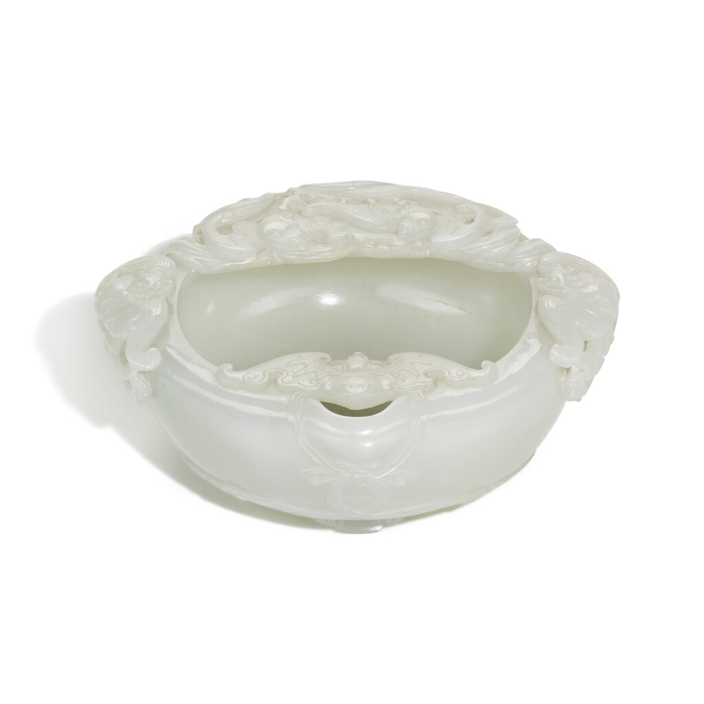 View full screen - View 1 of Lot 263. A white jade 'bats and lingzhi' brushwasher, Qing dynasty, Qianlong period | 清乾隆 白玉祥蝠瑞芝紋洗.