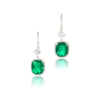 View full screen - View 1 of Lot 745. Pair of emerald and diamond earrings.