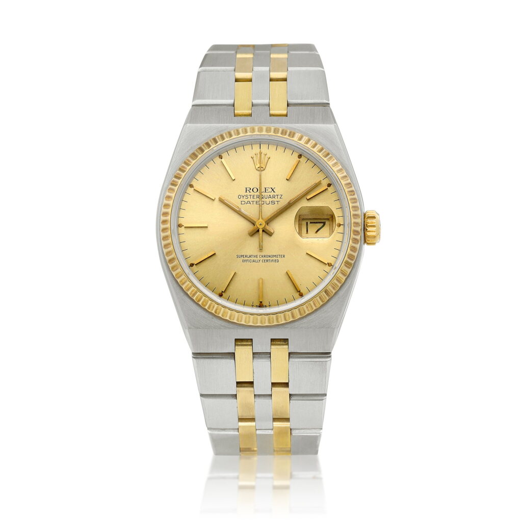 View full screen - View 1 of Lot 8885. Oysterquartz DateJust, Reference 17013 | A yellow gold and stainless steel bracelet watch with date, Circa 1980 | 勞力士 | Oysterquartz DateJust 型號17013 | 黃金及精鋼鏈帶腕錶,備日期顯示,約1980年製.