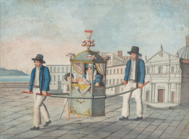 View full screen - View 1 of Lot 1064. Two men carrying a noble woman and her baby in a Portantina (Sedan) | Deux hommes portant une femme et son enfant dans une chaise à porteur.