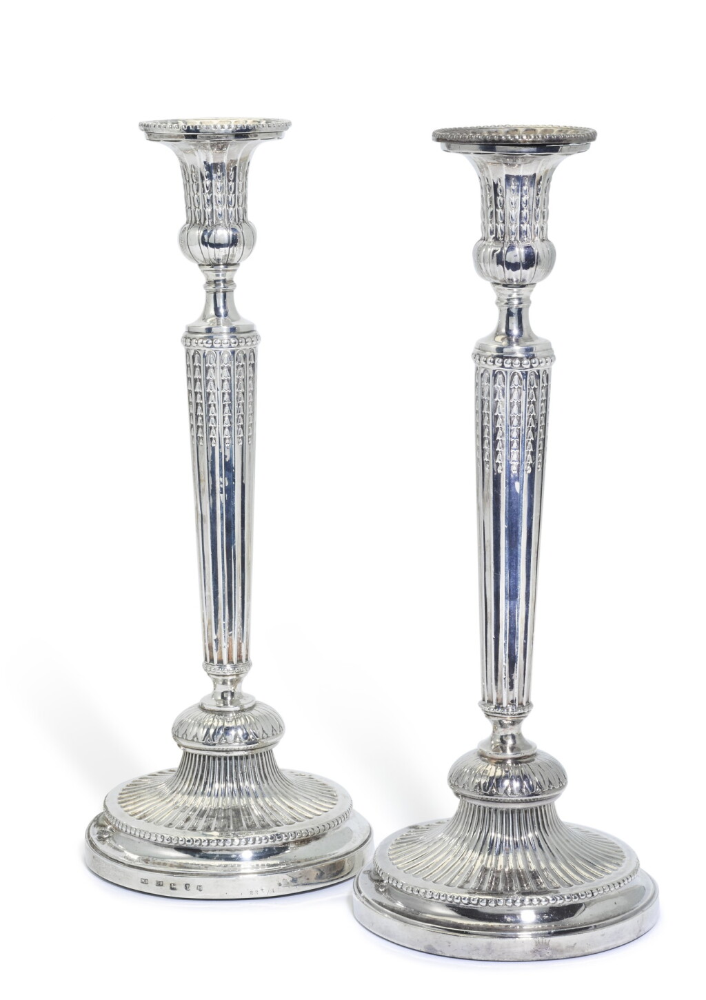 View full screen - View 1 of Lot 146. A pair of George III silver table candlesticks, Mathew Boulton and John Fothergill, Birmingham, 1780.