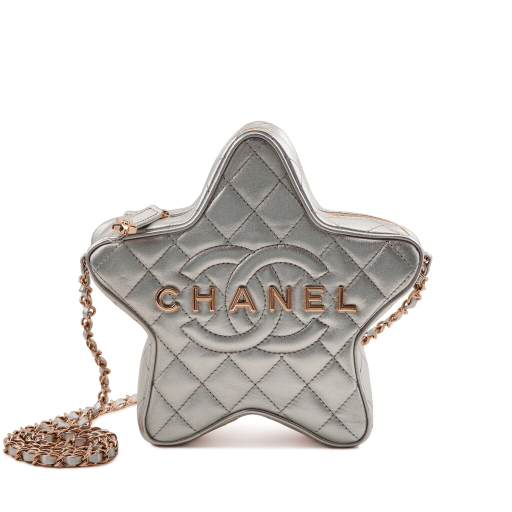 View full screen - View 1 of Lot 168. Silver Metallic Quilted Lambskin Walk of Fame Star Pale Champagne Gold Hardware, 2024.