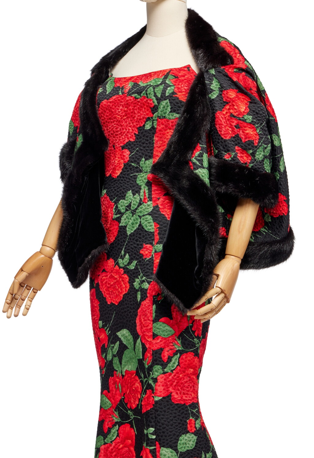 View full screen - View 1 of Lot 86. Rose Printed Cloqué Gown, 1980s.