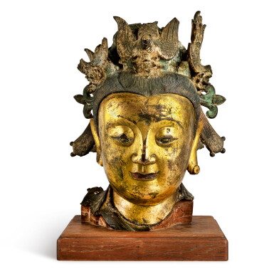 View full screen - View 1 of Lot 251. A large gilt-bronze head of Bixia Yuanjun, Ming dynasty | 明 銅鎏金碧霞元君首像.