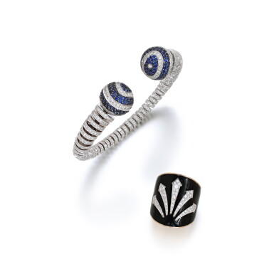 View full screen - View 1 of Lot 801. Sapphire and Diamond Bangle and an Enamel and Diamond Ring.