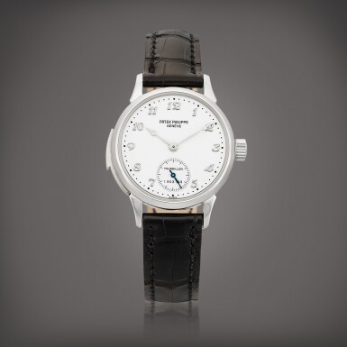 View full screen - View 1 of Lot 2298. Reference 3939 | A platinum minute repeating tourbillon wristwatch with enamel dial, Circa 2010 | 百達翡麗 | 型號3939 | 鉑金三問陀飛輪腕錶,備琺瑯錶盤,約2010年製.