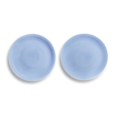 View full screen - View 1 of Lot 527. A pair of clair-de-lune-glazed dishes, Marks and period of Yongzheng | 清雍正 天藍釉盤一對 《大清雍正年製》款.