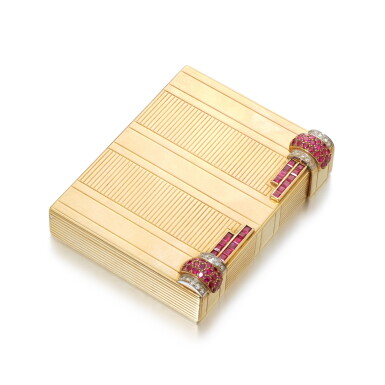 View full screen - View 1 of Lot 971. Gold, ruby and diamond vanity case, circa 1950.