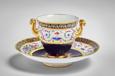 View full screen - View 1 of Lot 339. A Sèvres Porcelain Black-Ground Two-handled Cup and Stand (Gobelet à bandeau et soucoupe), circa 1790.