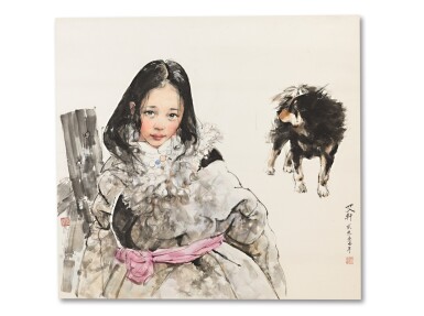 View full screen - View 1 of Lot 710. Ai Xuan 艾軒 | Tibetan Girl and Dog 藏女與藏獒.
