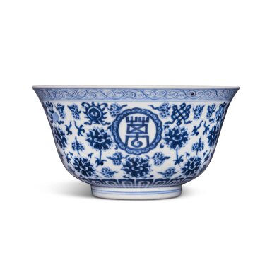 View full screen - View 1 of Lot 383. A blue and white 'longevity' bowl, Seal mark and period of Daoguang | 清道光 青花纏枝蓮托八吉祥紋萬壽無疆盌 《大清道光年製》款.