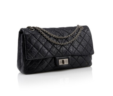 View full screen - View 1 of Lot 80. CHANEL | BLACK CRINKLED LEATHER AND DARK GREY-TONE METAL 2.55 REISSUE SHOULDER BAG.