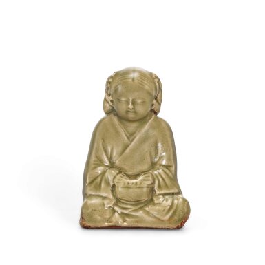 View full screen - View 1 of Lot 341. A Yaozhou celadon figure of a drum player, Northern Song - Jin dynasty 北宋至金 耀州青釉擊鼓童子.