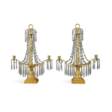 View full screen - View 1 of Lot 479. A Pair of Regency Gilt Bronze and Cut Glass Two-Light Candelabra.