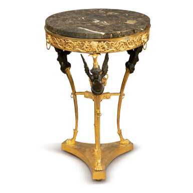 View full screen - View 1 of Lot 830. A NEOCLASSICAL GILT AND PATINATED BRONZE GUÉRIDON WITH MARBLE TOP, POSSIBLY ST PETERSBURG, LATE 18TH CENTURY.