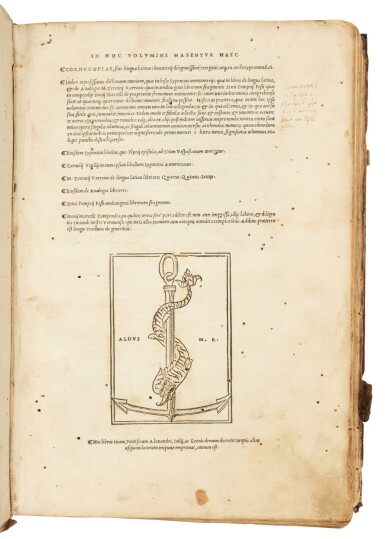 View full screen - View 1 of Lot 228. Perotti, Cornucopiae, siue linguae Latinae commentarij diligentissime recogniti, Venice, Aldo Manuzio & Andrea Torresano, November 1513, contemporary German pigskin.