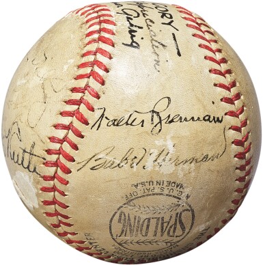 View full screen - View 1 of Lot 2173. Baseball signed by Babe Ruth and others involved in the film The Pride of the Yankees.