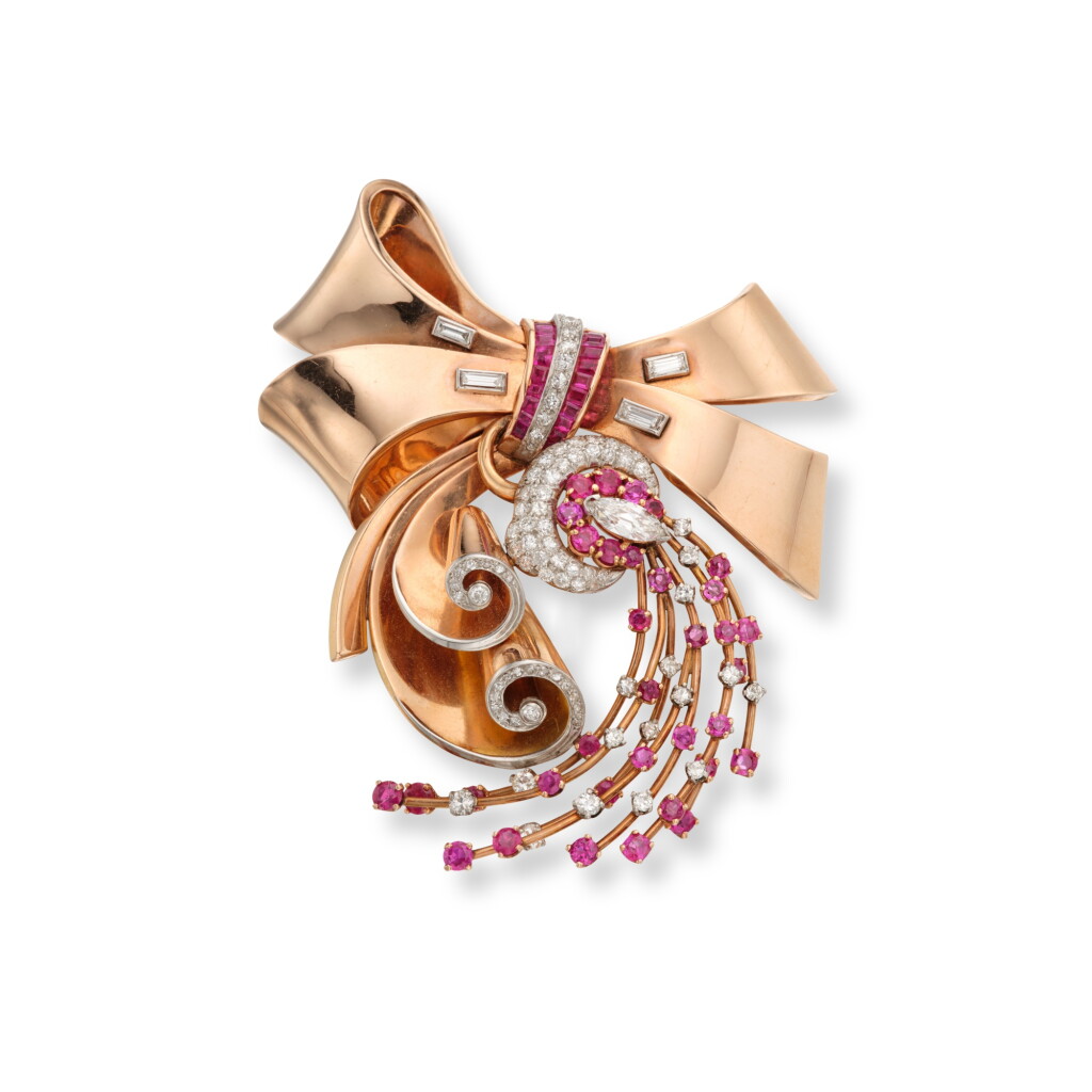 View full screen - View 1 of Lot 436. Pink Gold, Ruby and Diamond Brooch.