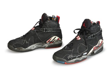 View full screen - View 1 of Lot 20. Michael Jordan Playoff Game Worn and Signed Air Jordan VIII Black and Red | Size 13.
