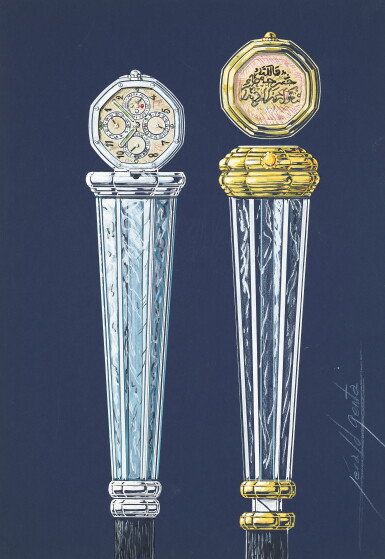 View full screen - View 1 of Lot 1021. An original prototype design of a two sword cane watches with accompanying NFT, Circa 1975 .