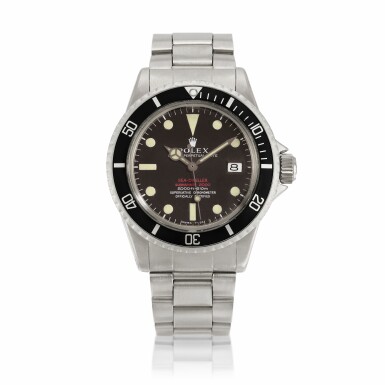 View full screen - View 1 of Lot 9. ‘Tropical Mk II Double-Red’ Sea-Dweller, Ref. 1665 | Stainless steel wristwatch with date and helium escape valve | Circa 1971.