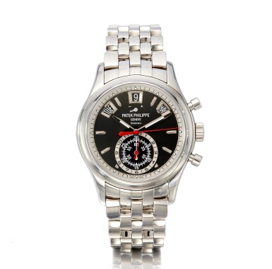 View full screen - View 1 of Lot 109. Reference 5960/1A, Retailed by Tiffany & Co.: A stainless steel automatic annual calendar flyback chronograph wristwatch with power reserve and bracelet, Circa 2018 百達翡麗 精鋼自動上鏈年曆飛返計時鍊帶腕錶備動力儲存顯示,約2018年製,零售商為蒂芙尼.