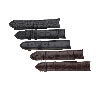 View full screen - View 1 of Lot 431. A group of 7 straps, 2 platinum pin buckles and a pouch .