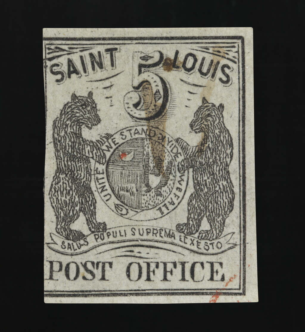 View full screen - View 1 of Lot 15. Postmaster’s Provisional St. Louis, MO. 1846 5c Black (III) on gray lilac (11X4).