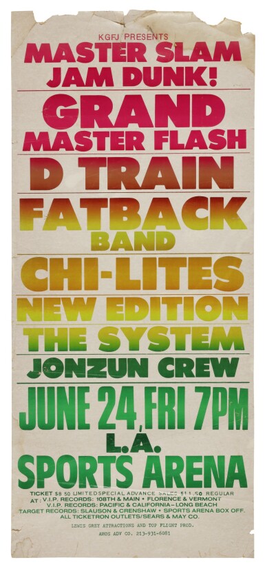 View full screen - View 1 of Lot 48. GRANDMASTER FLASH | "KGFJ PRESENTS MASTER SLAM JAM DUNK! GRAND MASTER FLASH..." CONCERT POSTER, 1983.